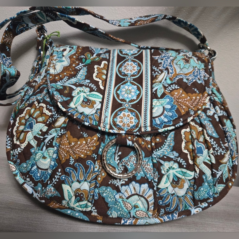 New Vera Bradley Java Blue Saddle Up Crossbody Bag Purse Blue & Brown Floral